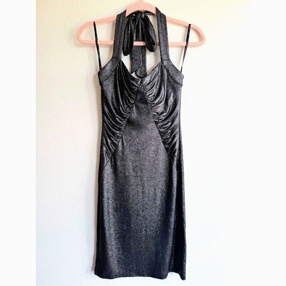 Vintage Y2K Betsey Johnson Ruched Tie Halter Mini Dress Gunmetal Silver size 4